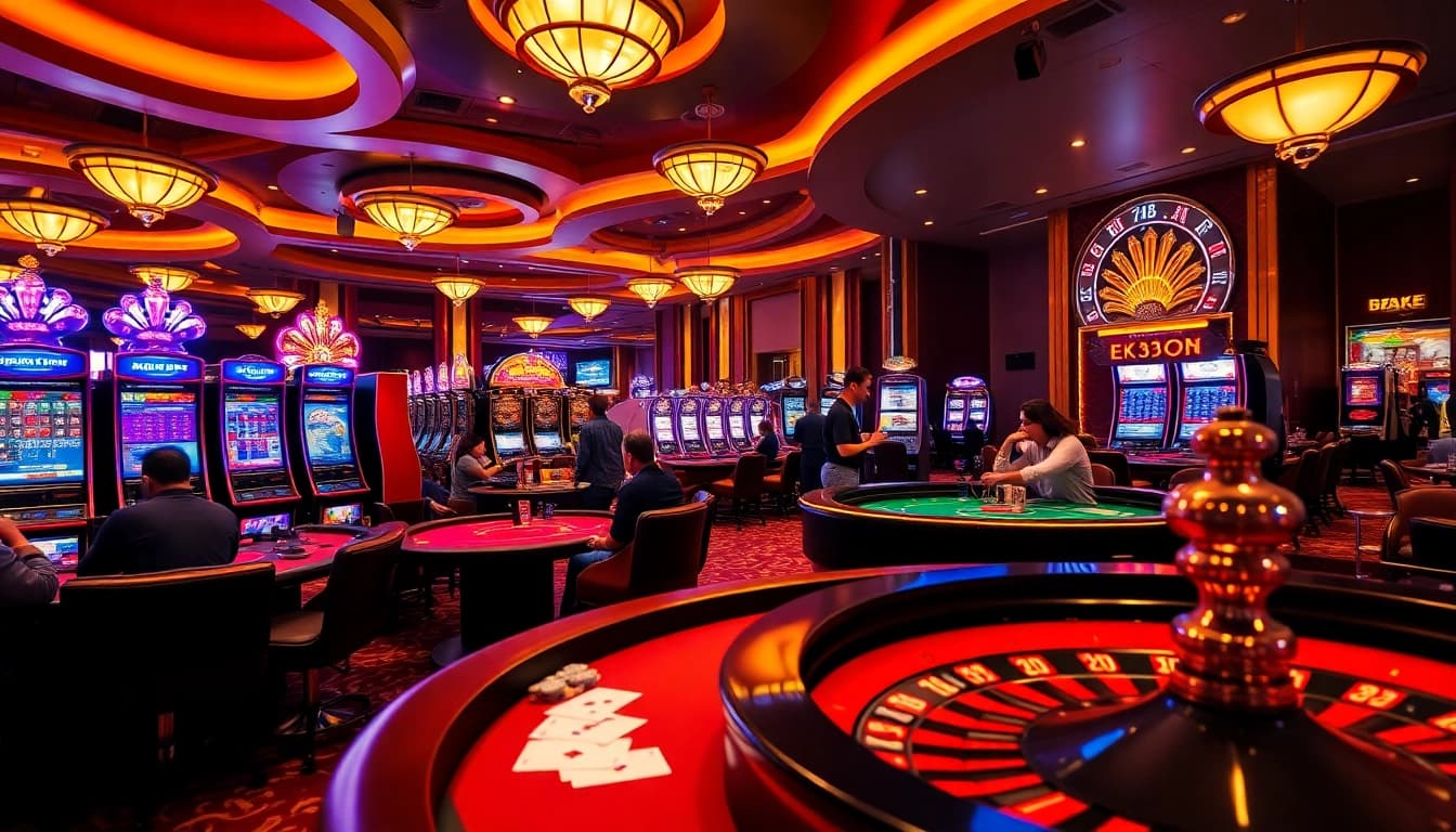 Experience thrilling gaming at EK333 with vibrant poker tables and slot machines.