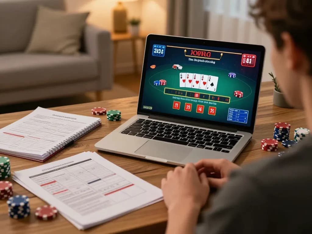 Engaging in a strategic online blackjack game with gg 88 displayed on the laptop, showcasing a cozy and responsible gaming environment.