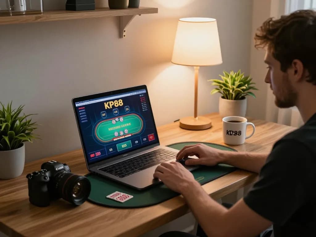Engaging session on KP88 platform, showcasing poker gameplay on a laptop, warm atmosphere