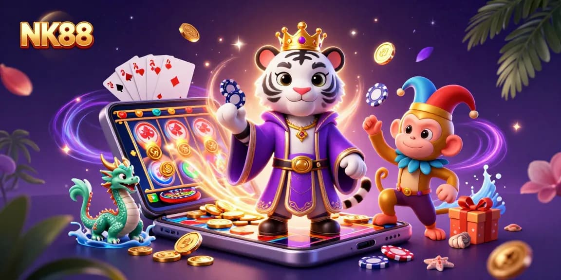 Win big on NK88 with vibrant slot games and colorful casino elements in a lively 3D scene.