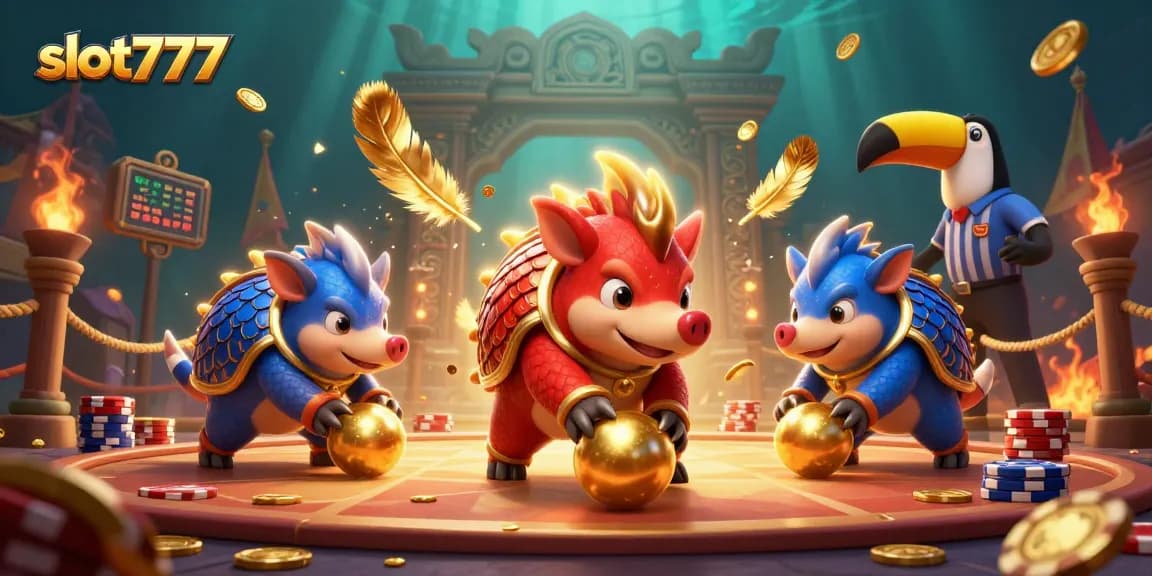 Watch the slot777 pangolins compete in a thrilling casino scene filled with chips and gold!