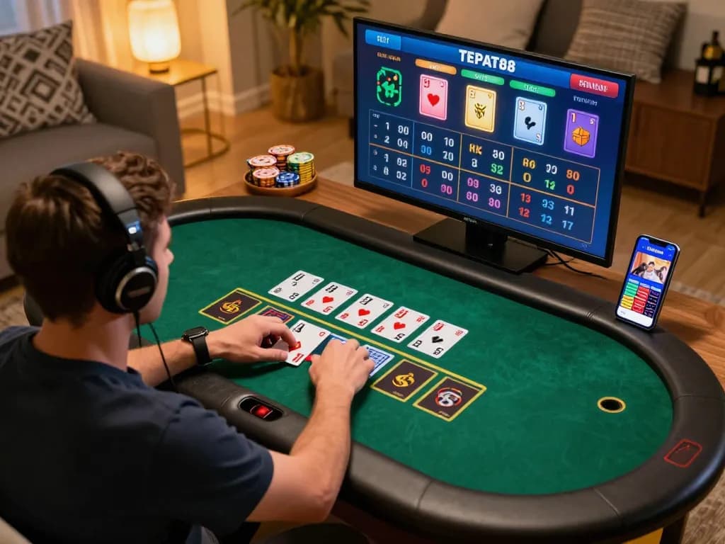 Rasakan taruhan online TEPAT88 dengan pemain terfokus yang terlibat dalam blackjack di rumah.