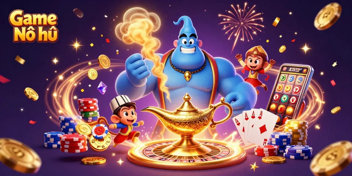 Spin the reels and enjoy Game Nổ hũ with a magical genie and treasure-filled casino scene.