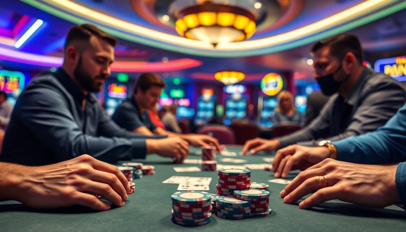 1777 bet login সহ একটি পণ্যের টেবিলের দৃশ্য, যেখানে খেলোয়াড়রা সক্রিয় ভাবে পোকারের খেলা খেলছে।