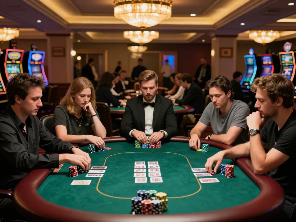 Engaged poker players strategizing their next move in an upscale casino, featuring go99 thrilling gameplay.