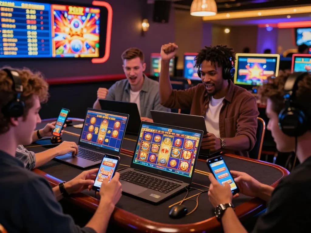 Players engaging with zeus138 online slot games, celebrating wins and strategizing in a vibrant digital gaming atmosphere.
