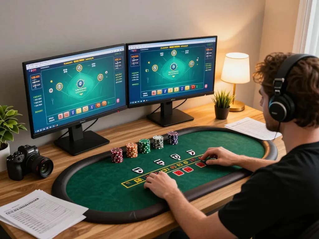 Player engaging with LV88 live dealer blackjack on dual monitors, showcasing strategic gameplay in a vibrant home setup