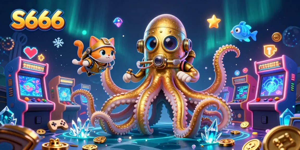 Experience S666's thrilling gaming adventure with a kraken, diving cat, and glowing ocean treasures.