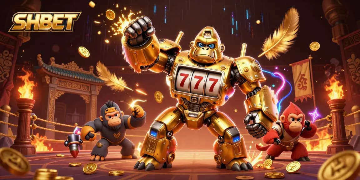 Engage with thrilling gameplay at SHBET featuring an exciting 3D illustration of a golden gorilla mech.