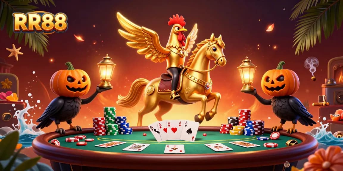 Join the thrill at RR88 casino, featuring a dynamic golden rooster and glowing elements in a vibrant environment.