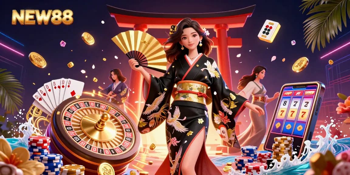 Play exciting casino games at NEW88 with a visually rich 3D illustration highlighting the vibrant gaming atmosphere.
