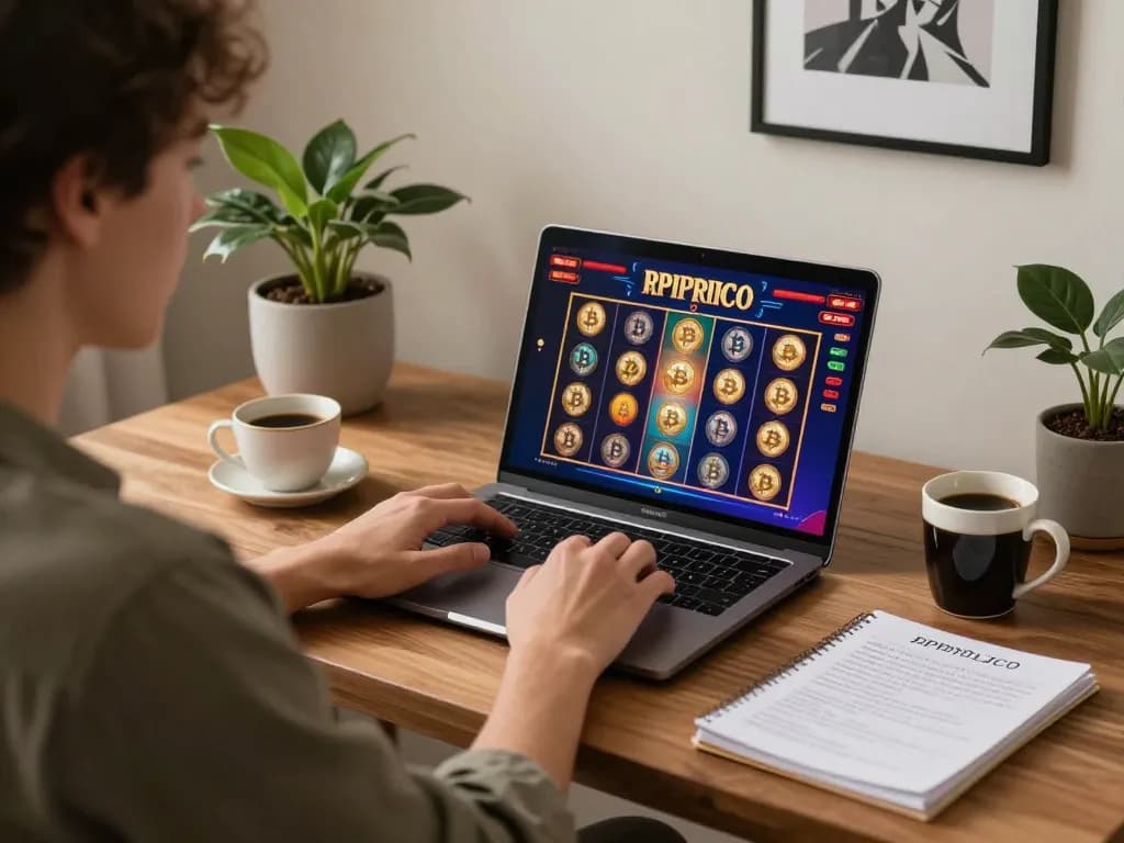 Playing bitcoin gambling slots online at home with engaging laptop display.