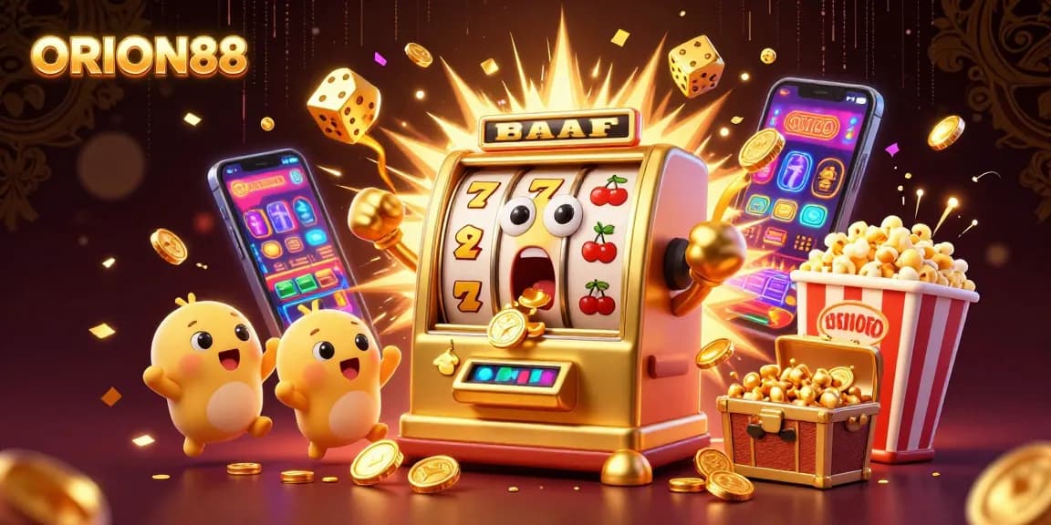 Experience the excitement of ORION88 as a golden slot machine hits the jackpot, surrounded by cheering baby slots and dynamic casino elements.