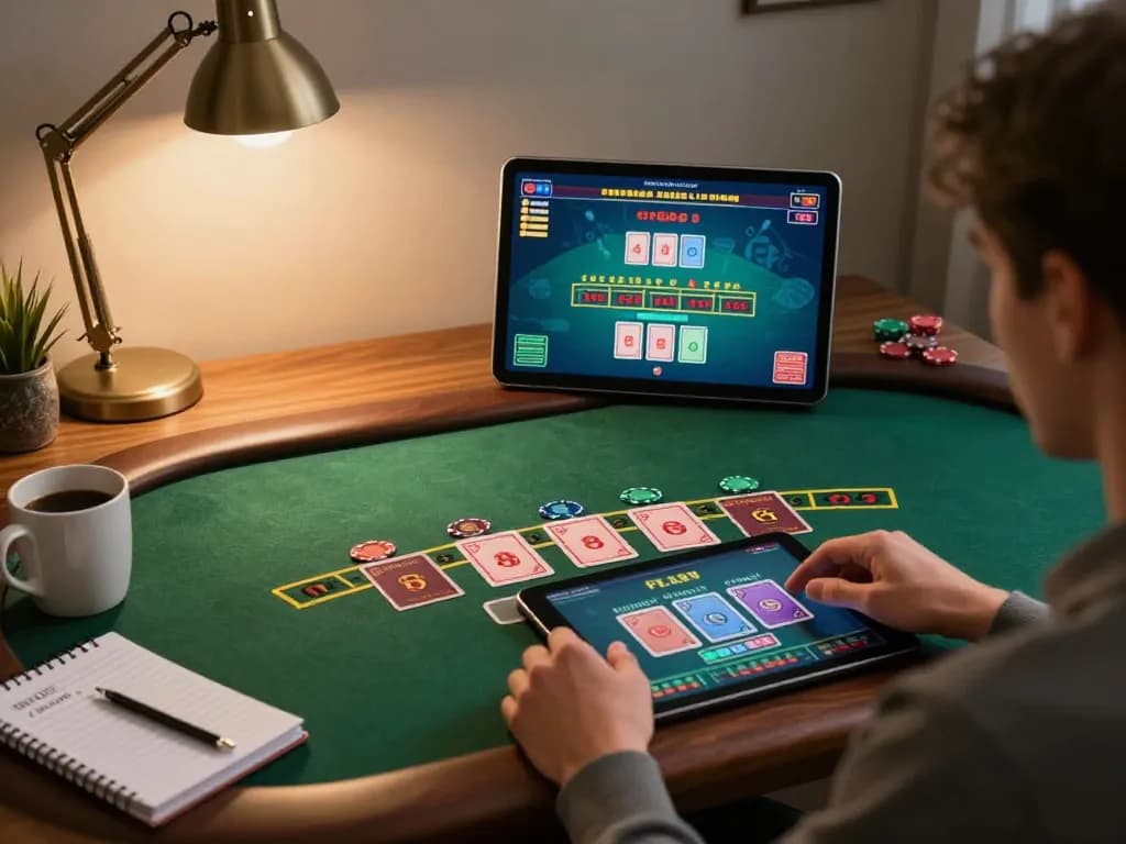 Engaging live blackjack gameplay with may88 app on tablet, cozy home office atmosphere
