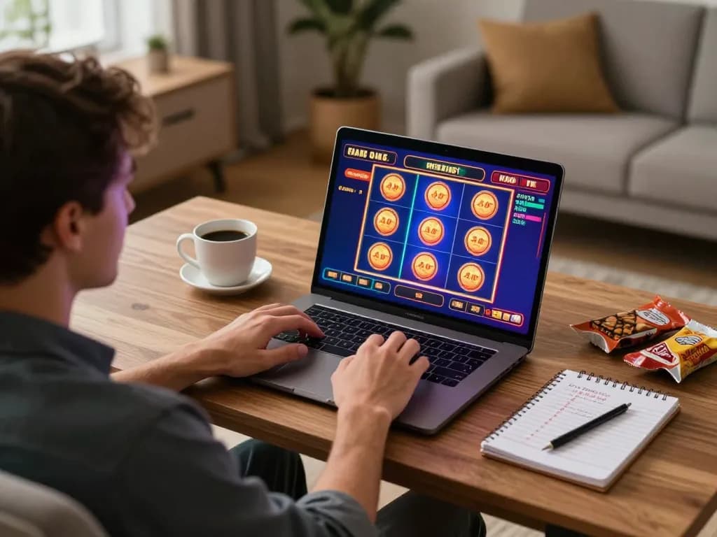 Nk88 win while enjoying a thrilling slot game on a cozy home laptop setup.