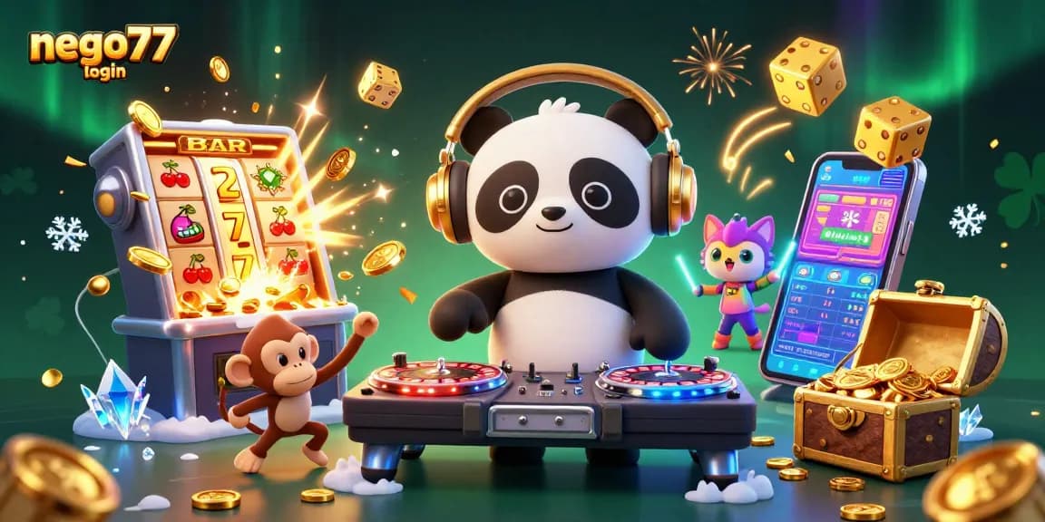 Experience smooth gaming with the nego77 login in a vibrant 3D casino scene, featuring joyful characters and rich game elements.