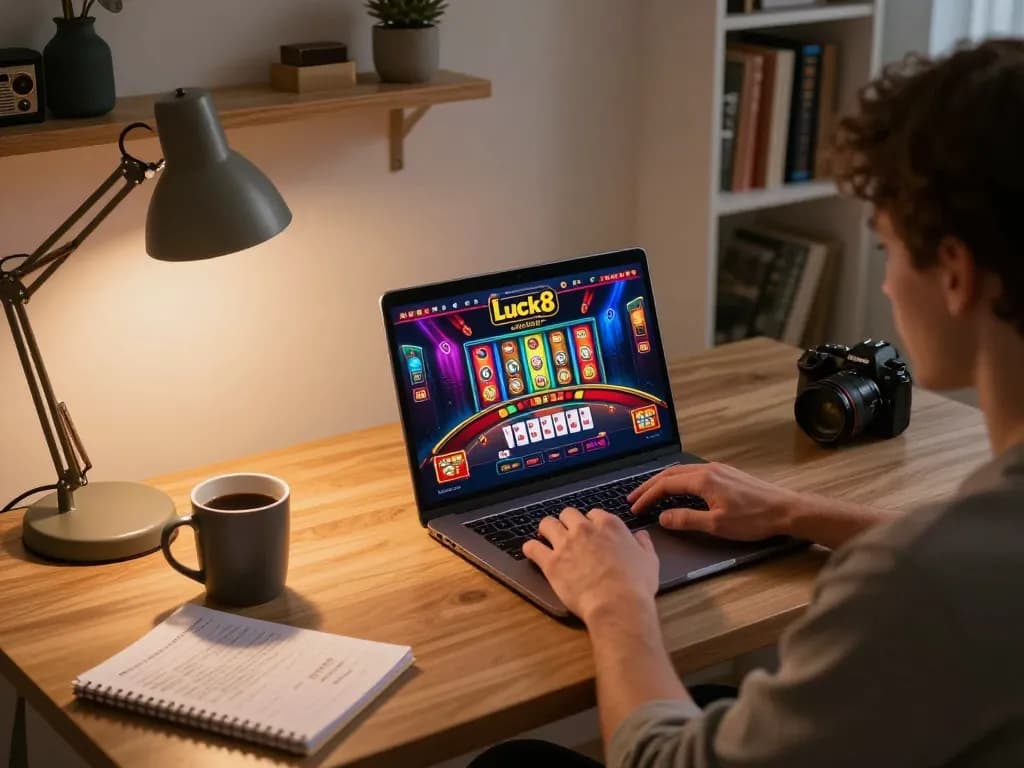 Player engaging on Luck8 online casino in a cozy home office with laptop and gaming notes.