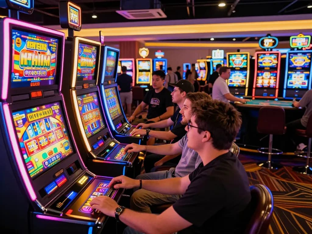 Engaged players at hitclub pushing buttons on colorful slot machines in an exciting casino setting.