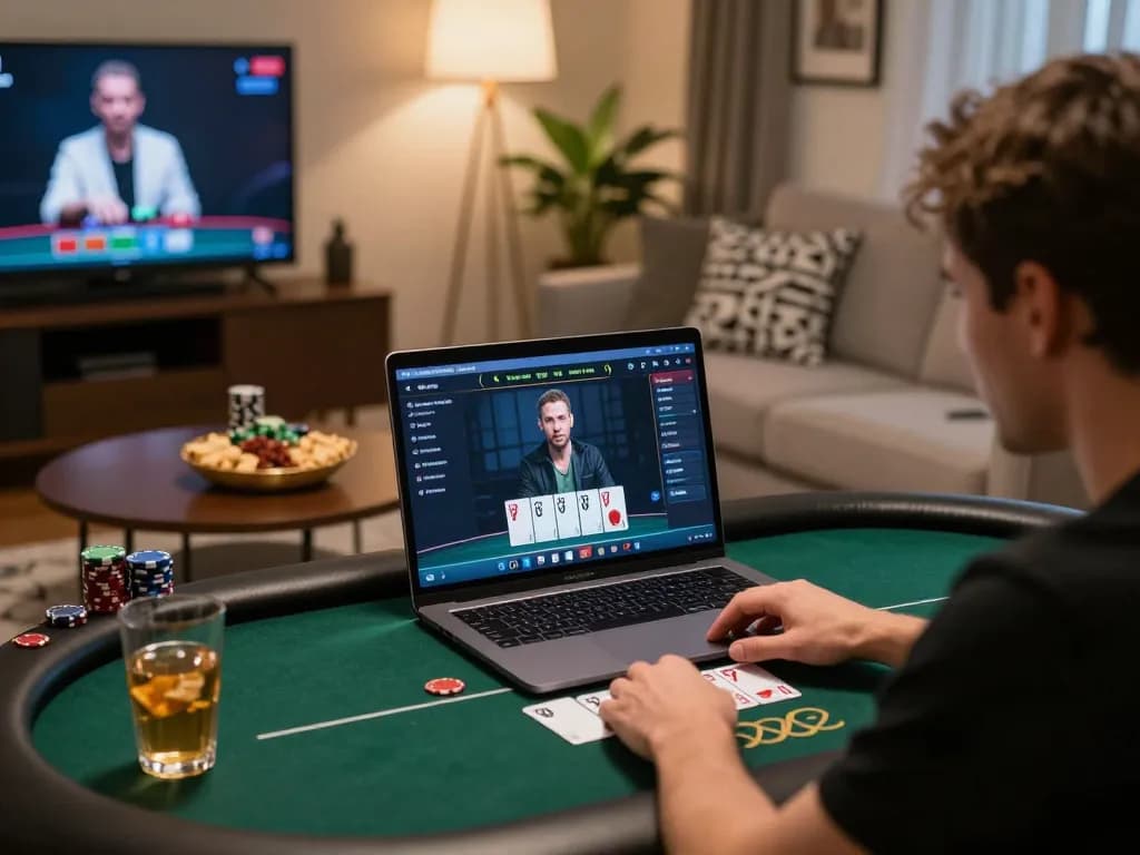 Engaging in an online poker game at home using a laptop, showcasing the immersive 888new com casino experience.