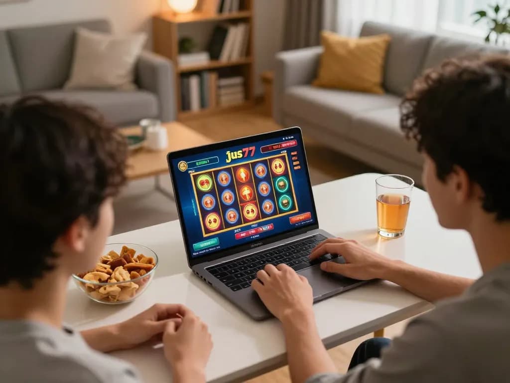 Pemain menikmati permainan slot online jus77 di lingkungan rumah yang nyaman, menunjukkan permainan santai dan camilan.