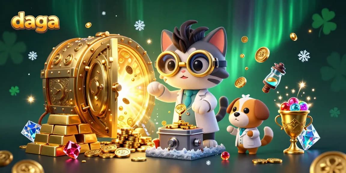 Dive into the excitement at DAGA with a vibrant 3D casino scene featuring gold coins and treasure.
