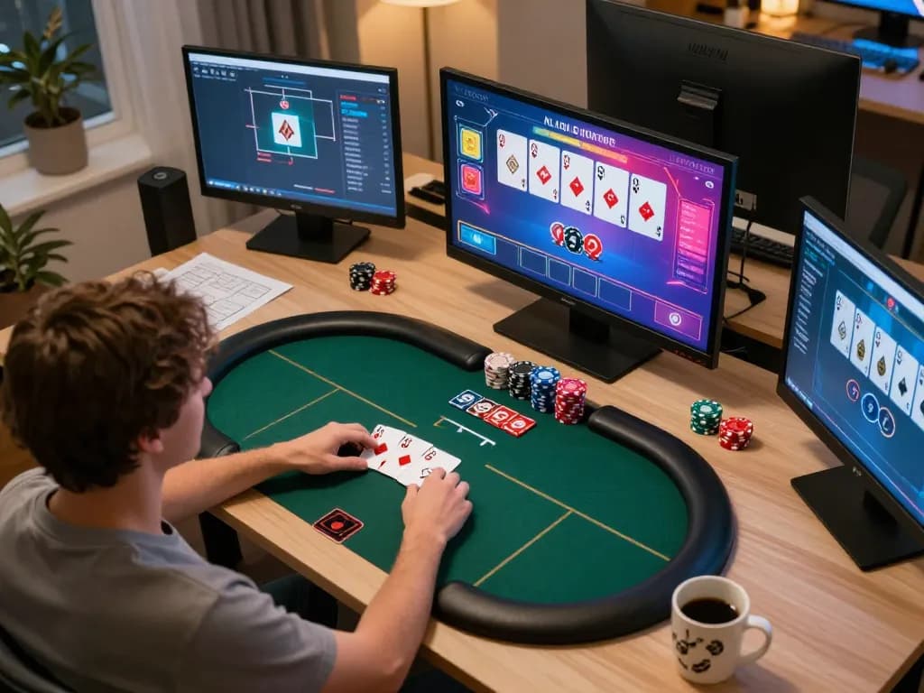 Player strategizing on O8 poker while engaging with vibrant online interface.