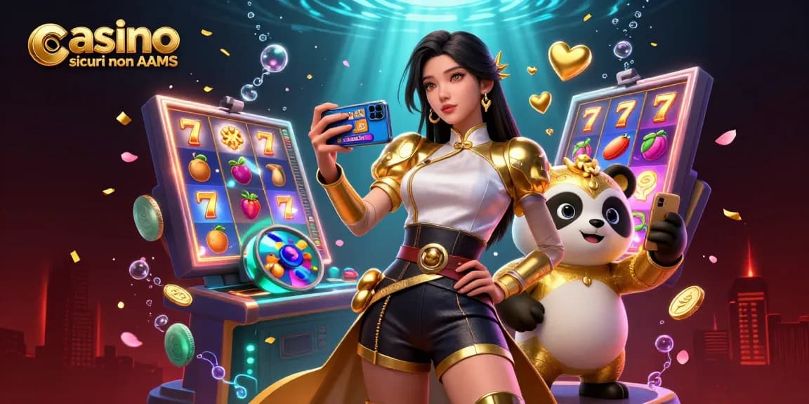 Illustrazione coinvolgente di casino sicuri non AAMS con una donna asiatica che si diverte con un gioco da casinò e una mascotte panda.