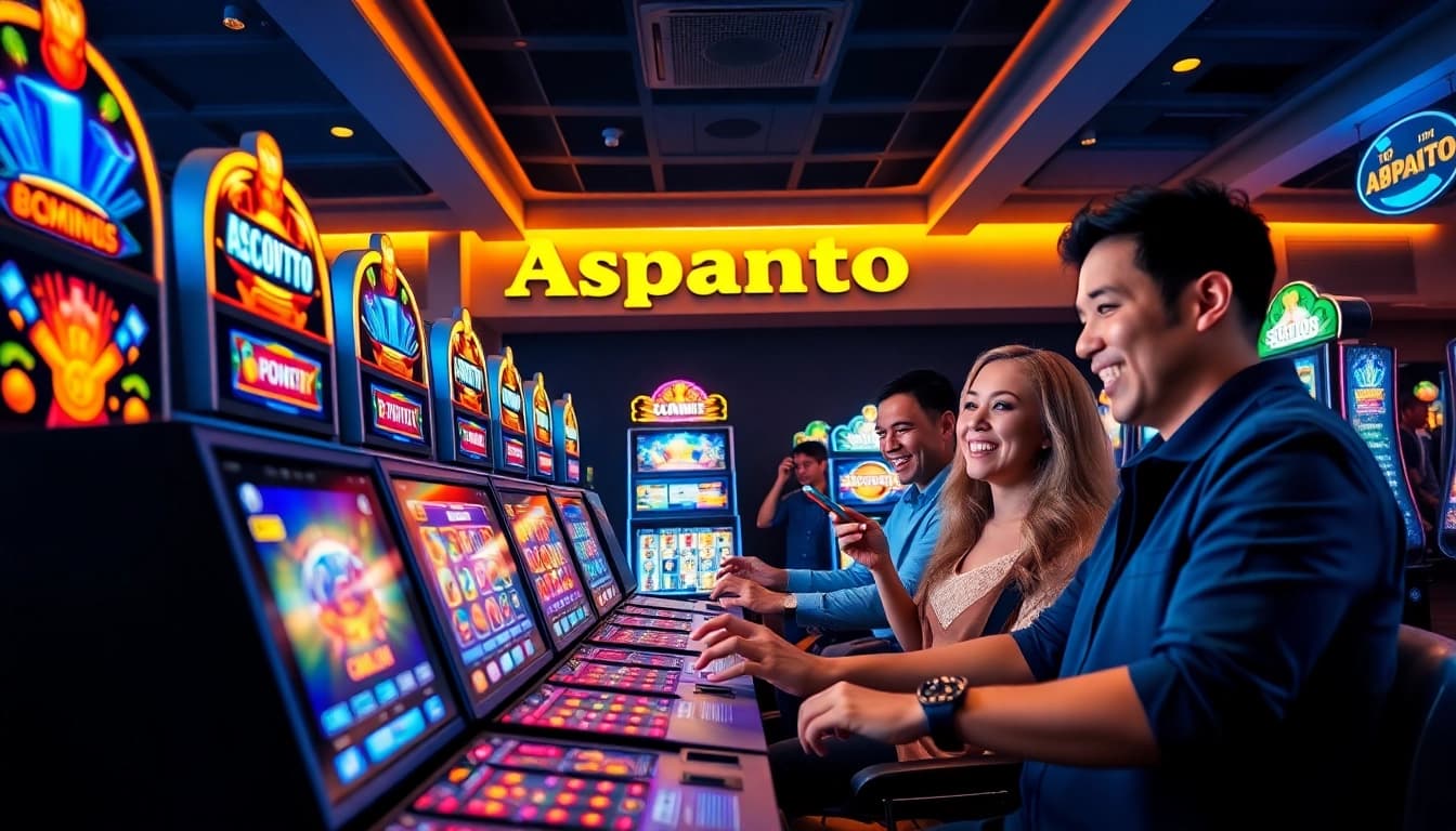 Asupantoto online gaming scene showcasing vibrant slot machines and joyful players engaged in the experience.