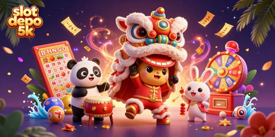 Experience the excitement of slot depo 5k with dynamic illustrations of slot reels, lucky symbols, and festive characters.