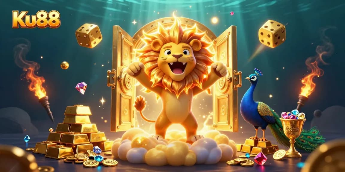 Engage with Ku88 in this vibrant, action-packed casino-themed 3D illustration.