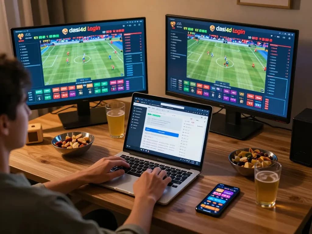 Login DASI4D untuk taruhan olahraga di laptop, menampilkan pertandingan langsung dan opsi taruhan.