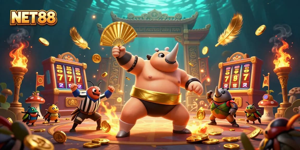 Engage with NET88: A vibrant casino scene featuring a beetle sumo champion amid golden coins and slot reels.