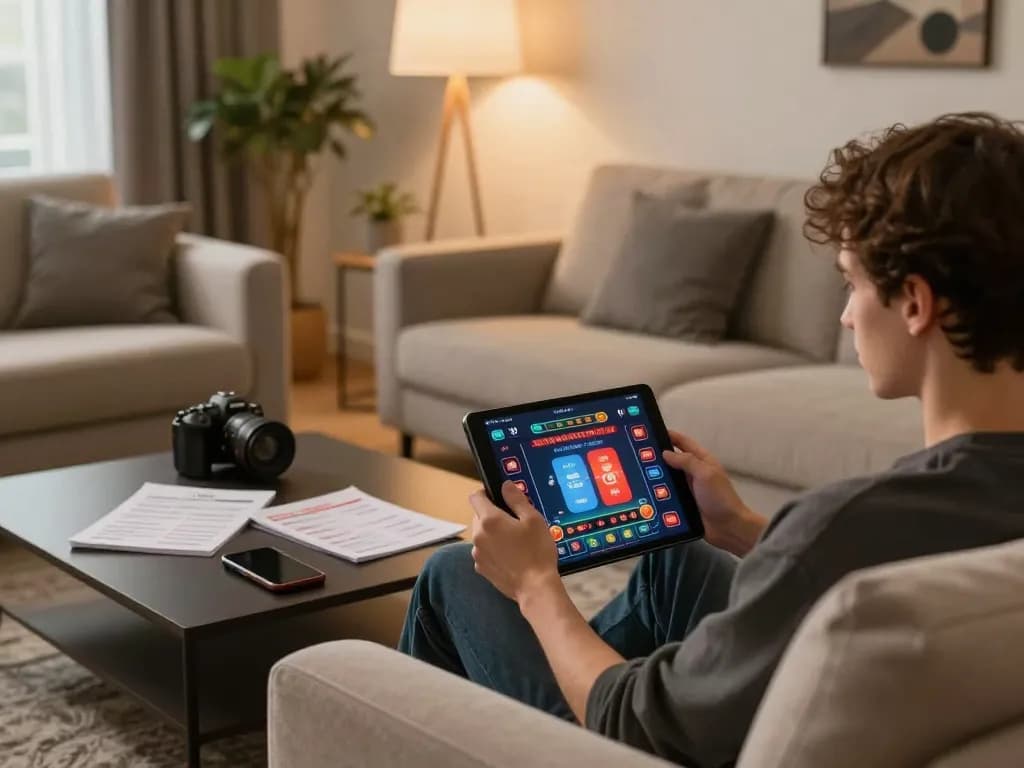 Soi kèo in a cozy home setting with a player enjoying online gaming on tablet amid strategic notes.