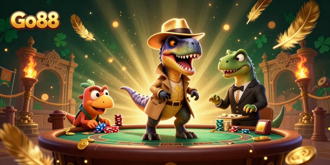 Go88 showcases thrilling 3D casino action with cartoon dinosaurs gambling at a blackjack table.