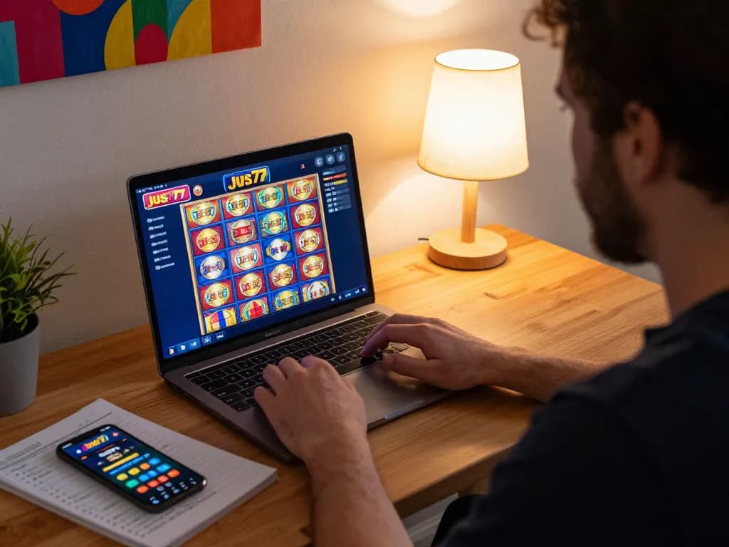 Player enjoying jus77 online casino gaming at home using a laptop in a cozy setting