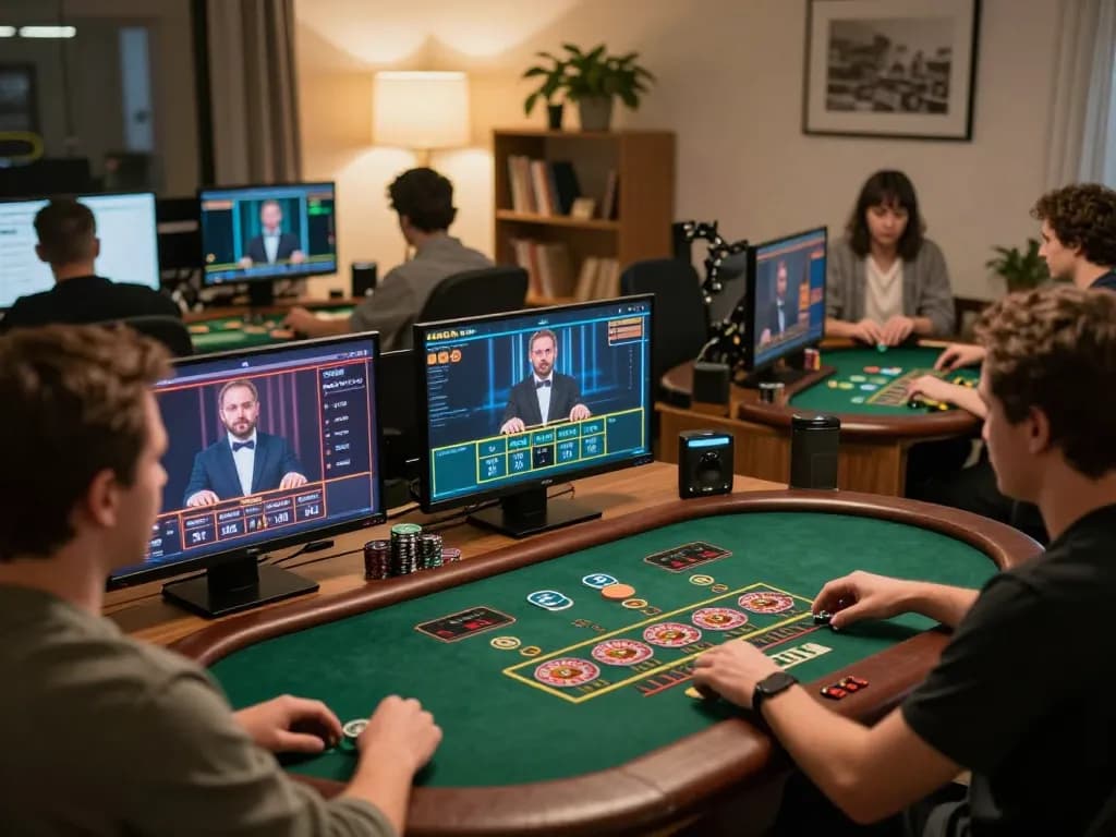 Players engaging with live dealer games on 32win in a cozy home office setup, highlighting online casino excitement.