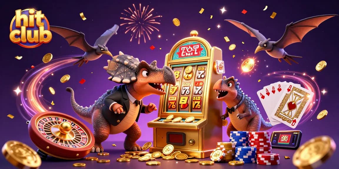 Experience the excitement of hit club gambling as dinosaurs interact with vibrant casino elements.