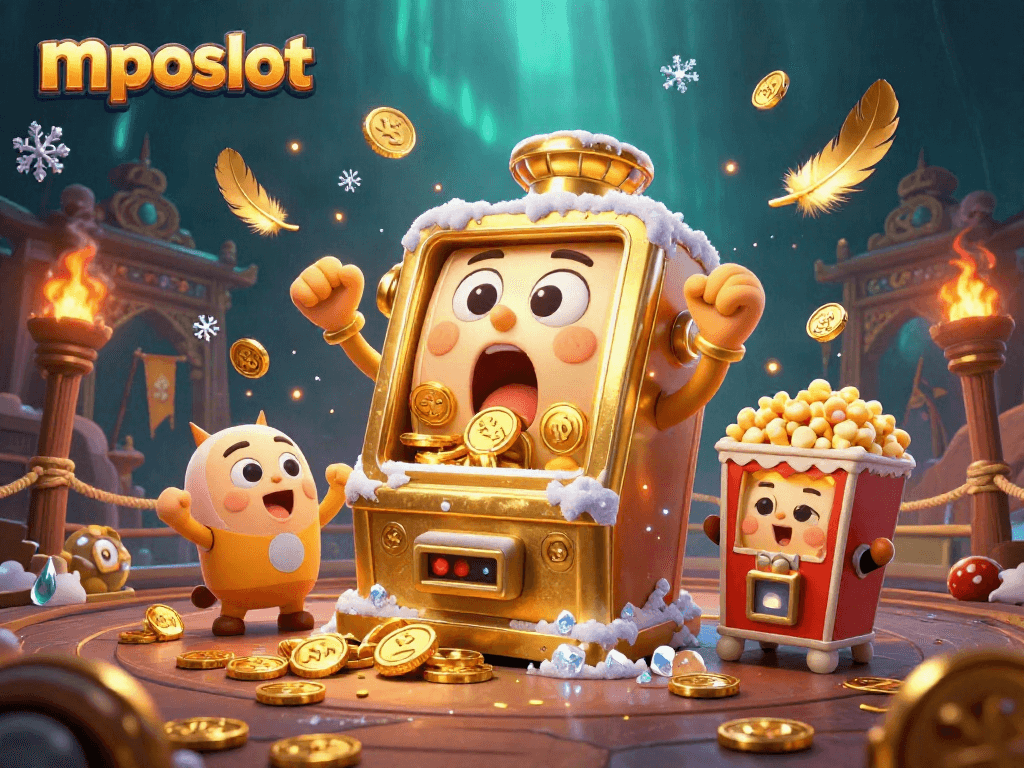 Slot mposlot berbagi jackpot dengan mesin slot kecil yang gembira, menampilkan koin berkilauan.