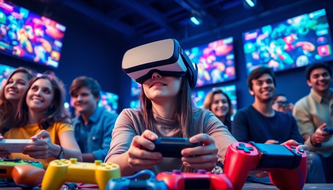 Jogadora imersa no hi game usando um headset de realidade virtual.