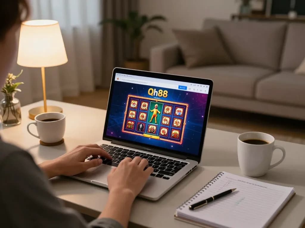 Person engaged in Qh88 đăng nhập for online gambling in a cozy home setting