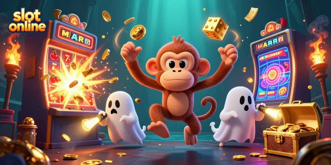 Experience thrilling slot online action with a playful ghost monkey and curious puppy in a vibrant casino.