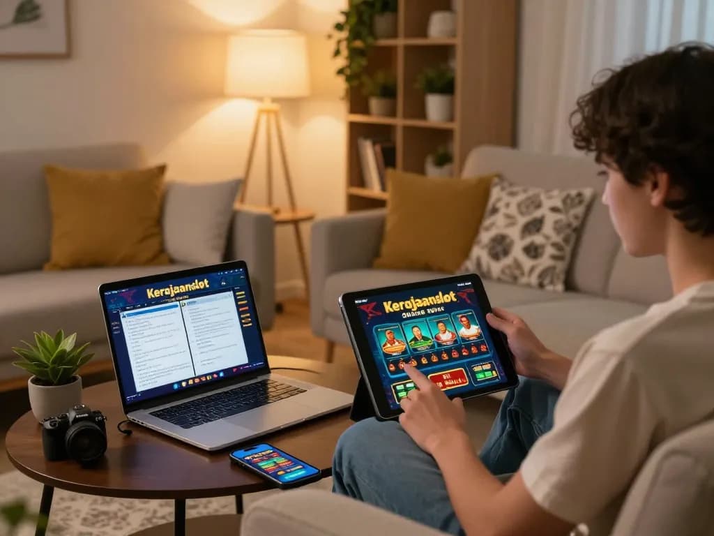 Engaging player enjoying kerajaanslot on a tablet in a cozy home gaming setup.