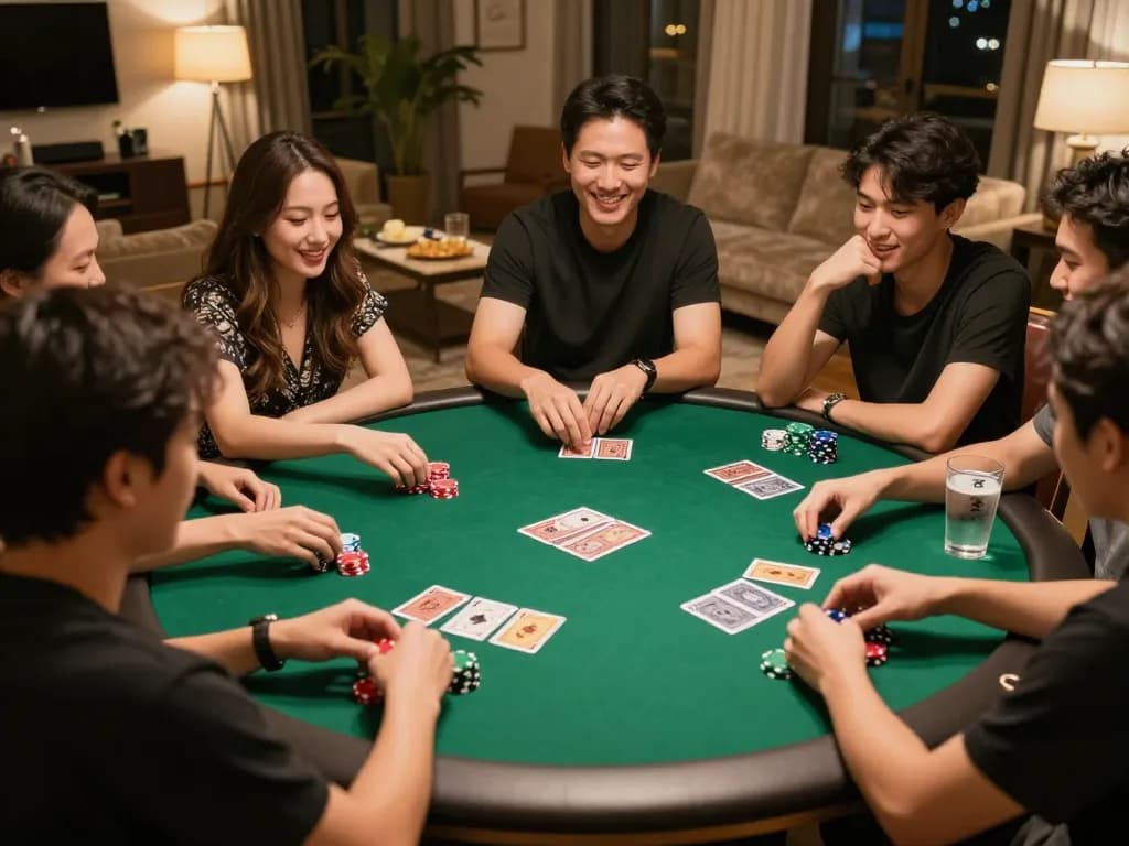 Friends enjoying a lively poker session at home with hitclub-themed decorations and betting strategies in play