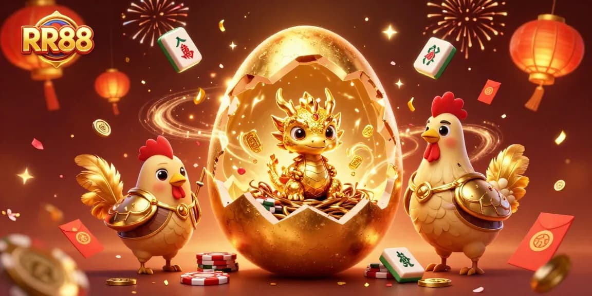 Experience thrilling gameplay at RR88 featuring a golden dragon guarding poker chips amidst festive elements.