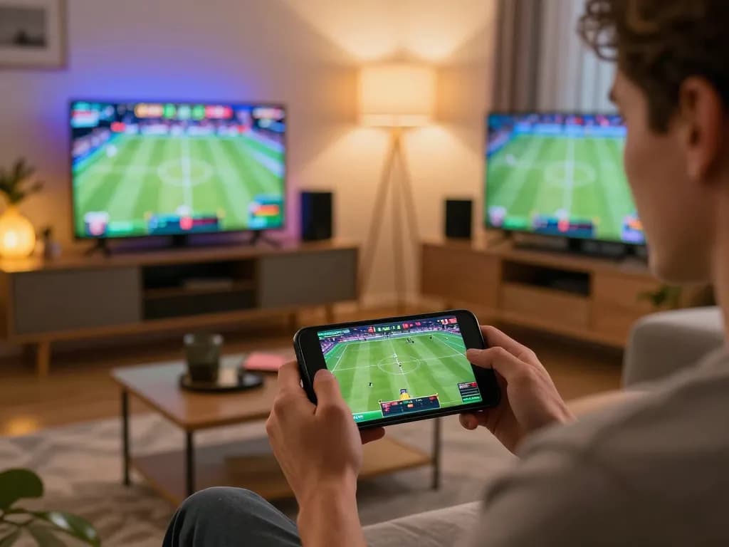 Okwintv user engaged in live sports betting on smartphone in a cozy home environment