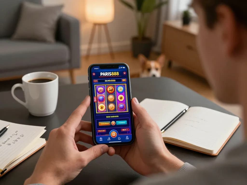 Engaging with the Paris888 casino app on smartphone while enjoying a cozy home atmosphere.