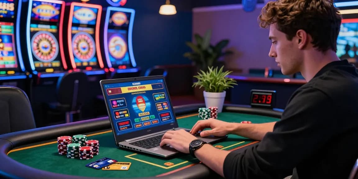 Player at a credit card casino enjoying online gaming experience with Visa and Mastercard visible on the table and bright casino graphics.