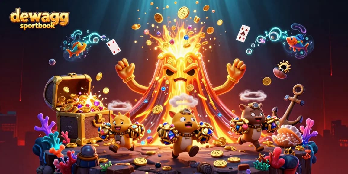 Engage with dewagg sportsbook, featuring a dynamic scene of a golden volcano and explorers amid treasures.