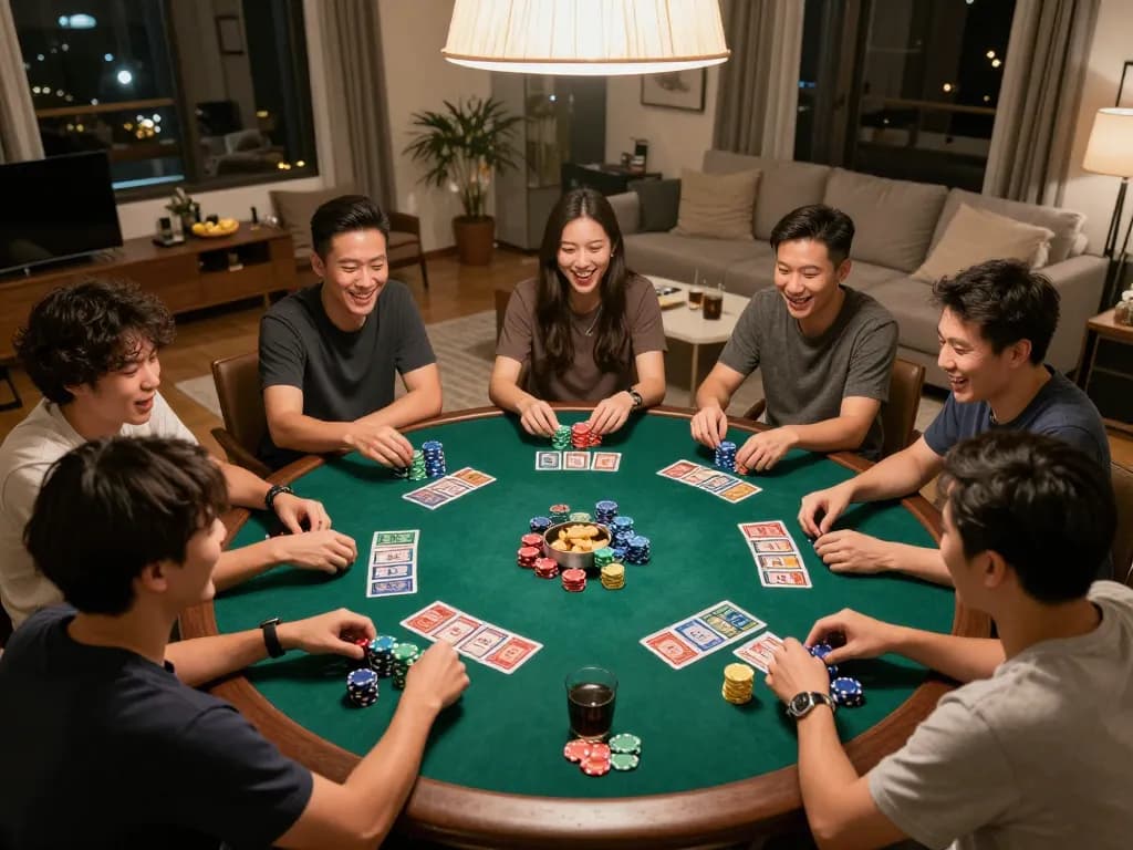 Friends enjoying a thrilling togel game at home with colorful chips and snacks.