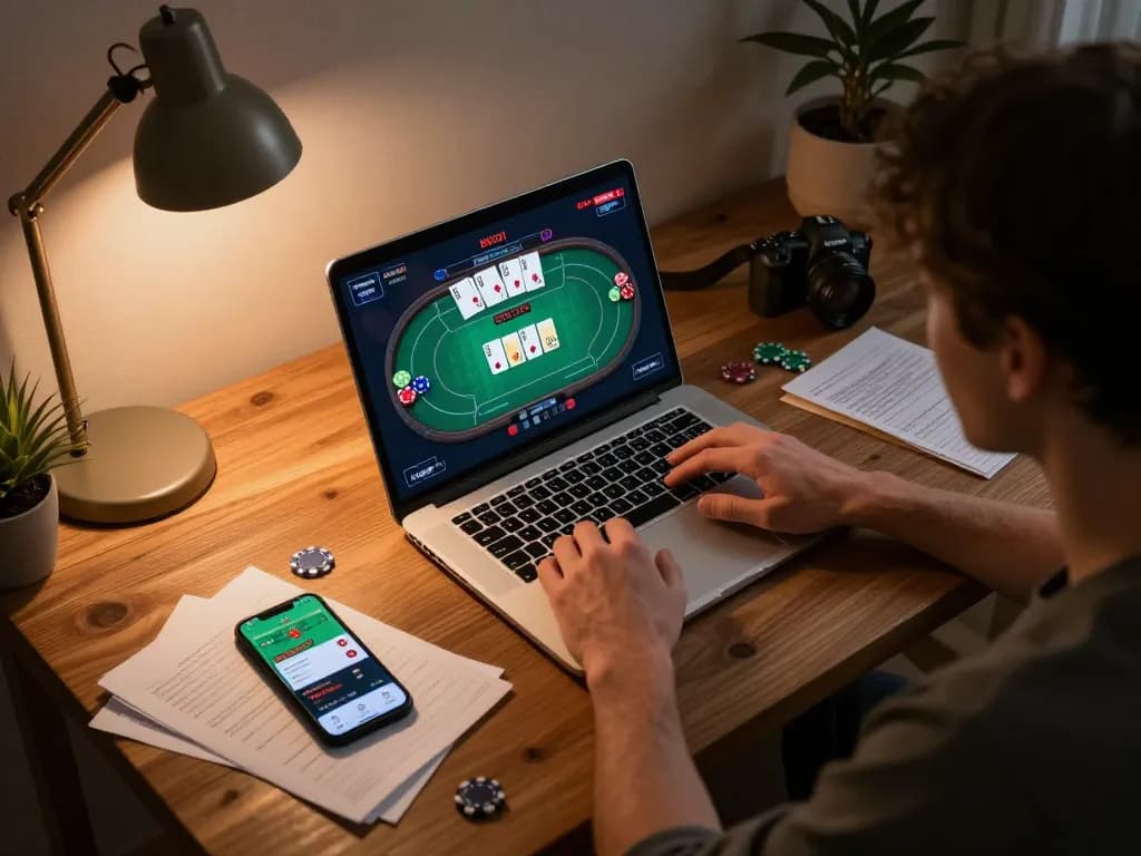 Suasana permainan online yang menarik dengan SN2121 di laptop, menampilkan permainan poker dan taruhan yang bertanggung jawab.